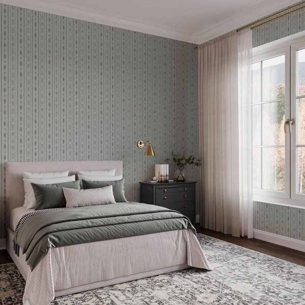 Carta da parati Motivo etnico con motivi nei colori grigio e menta, Parati geometrica classici, Parati geometrica a righe classici, a00138 : Uwalls.it