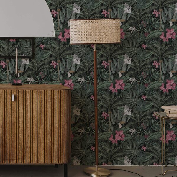 Carta da parati Foglie e uccelli tropicali su sfondo scuro, Parati fiori e piante classici, a00140 : Uwalls.it