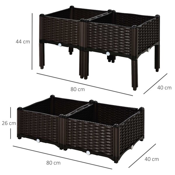 Outsunny Set 4 Pezzi Fioriere da Esterno Autoirriganti Rialzate Letto da Giardino Rialzato per Fiori Effetto Rattan in PP, Marrone|Aosom