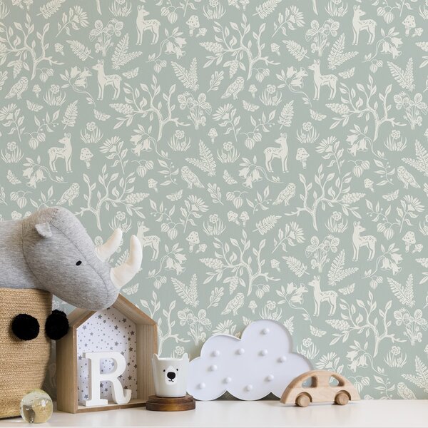 Carta da parati Animali e piante scandinave su uno sfondo color menta, Parati animali classici, Parati classici Animali Cervi, a00149 : Uwalls.it