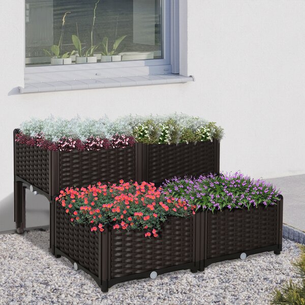 Outsunny Set 4 Pezzi Fioriere da Esterno Autoirriganti Rialzate Letto da Giardino Rialzato per Fiori Effetto Rattan in PP, Marrone|Aosom