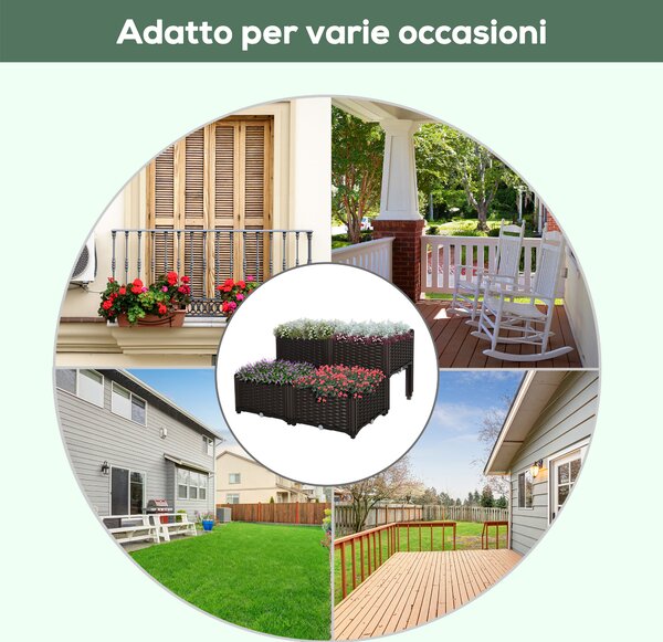 Outsunny Set 4 Pezzi Fioriere da Esterno Autoirriganti Rialzate Letto da Giardino Rialzato per Fiori Effetto Rattan in PP, Marrone|Aosom
