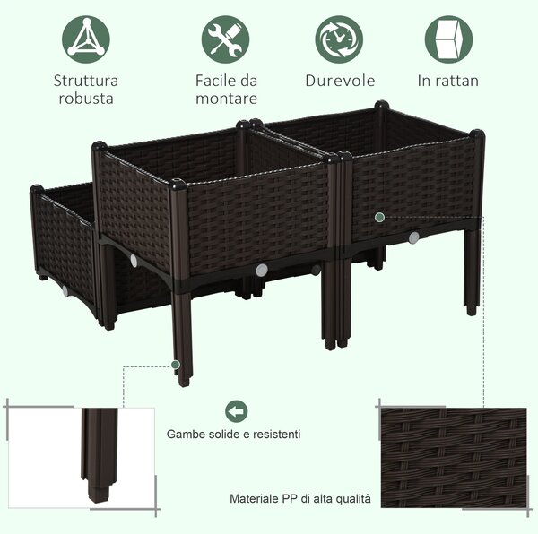 Outsunny Set 4 Pezzi Fioriere da Esterno Autoirriganti Rialzate Letto da Giardino Rialzato per Fiori Effetto Rattan in PP, Marrone|Aosom