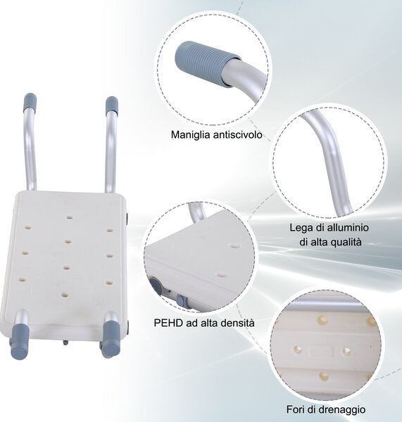 HOMCOM Sedile per Vasca in Lega di Alluminio e Plastica, Mensola per Vasca da Bagno Larghezza Regolabile 71-81cm, Max. Carico 136kg|Aosom