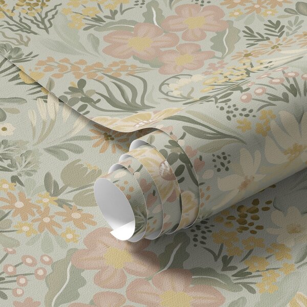 Carta da parati Composizione primaverile dai colori tenui e verdi, Parati fiori e piante classici, a00154v2 : Uwalls.it