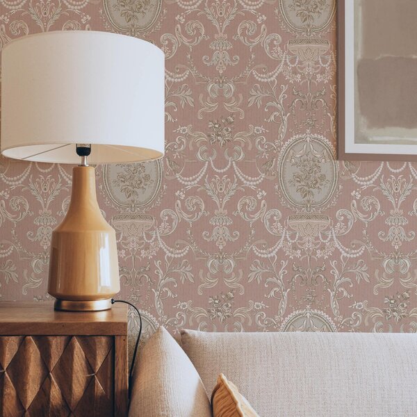 Carta da parati Ornamento barocco con fiori su sfondo rosa, Parati classici in stile francese, a00160 : Uwalls.it