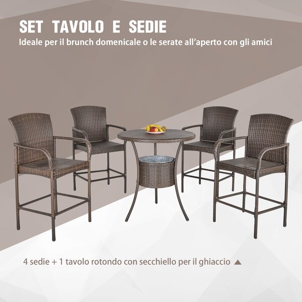 Outsunny Set Relax Giardino 5 Pezzi: Tavolino 4 Sedie Alte in Rattan Sintetico, Secchiello Ghiaccio Integrato, Arredo Esterno Elegante - Marrone|Aosom