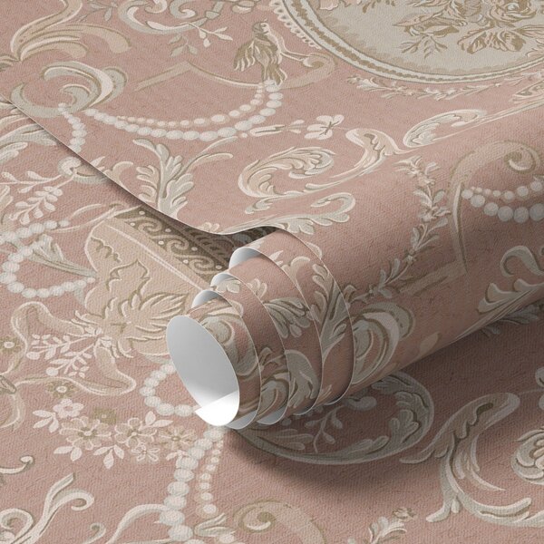 Carta da parati Ornamento barocco con fiori su sfondo rosa, Parati classici in stile francese, a00160 : Uwalls.it