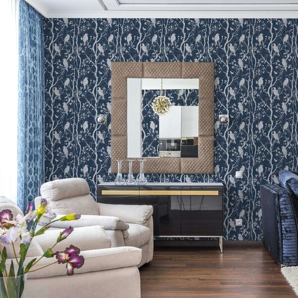 Carta da parati Uccelli tra i rami illuminati dalla luna, Parati fiori e piante classici, a00082v1 : Uwalls.it