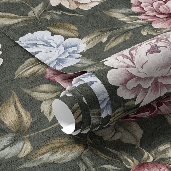 Carta da parati Peonie su sfondo verde scuro, Parati fiori e piante classici, Parati classici Fiori Peonie, a00106 : Uwalls.it