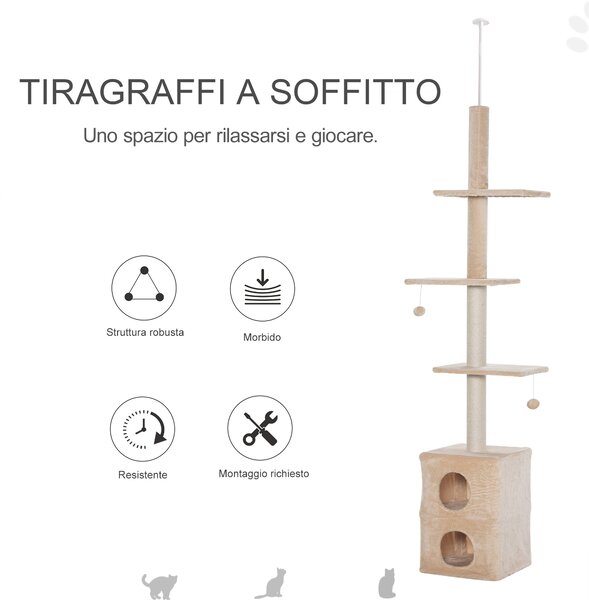 PawHut Tiragraffi a Soffitto Albero per Gatto Multilivello 210-240cm con Cucce, Piattaforme e Corde in Juta, Giallo|Aosom