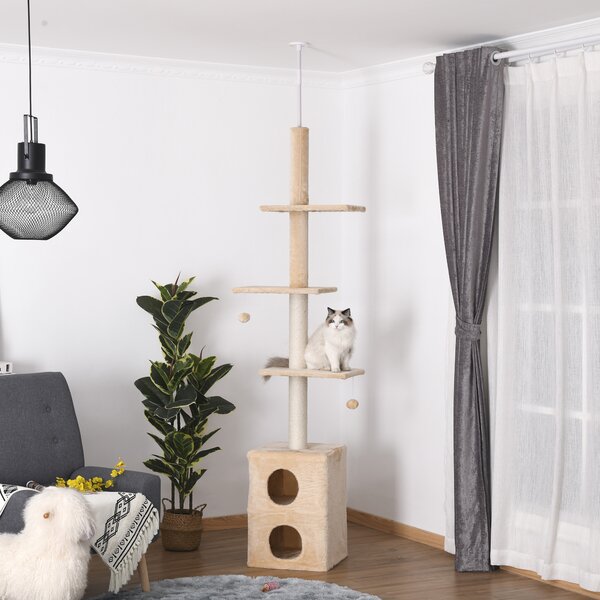 PawHut Tiragraffi a Soffitto Albero per Gatto Multilivello 210-240cm con Cucce, Piattaforme e Corde in Juta, Giallo|Aosom
