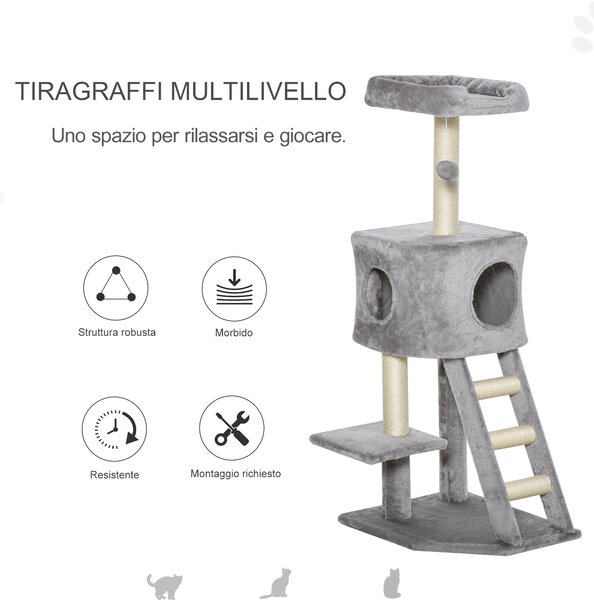 PawHut Tiragraffi Multilivello Palestra per Gatti con Cuccia, Scala e Corde in Sisal, Grigio Chiaro, 50x40x120cm|Aosom