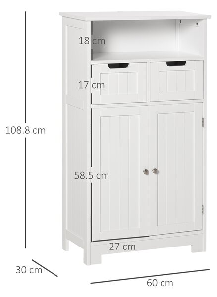 Kleankin Mobiletto Bagno Salvaspazio con Armadietto, 2 Cassetti e Mensola, in MDF, 60x30x108.8cm, Bianco|Aosom