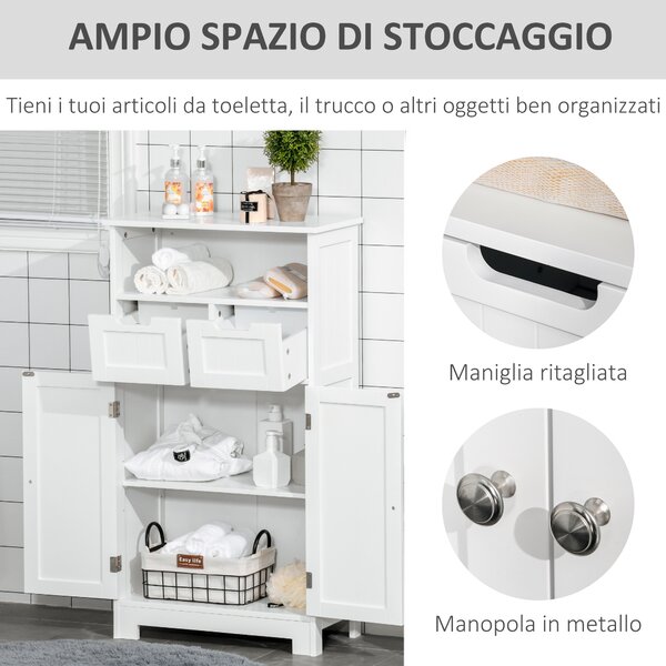 Kleankin Mobiletto Bagno Salvaspazio con Armadietto, 2 Cassetti e Mensola, in MDF, 60x30x108.8cm, Bianco|Aosom