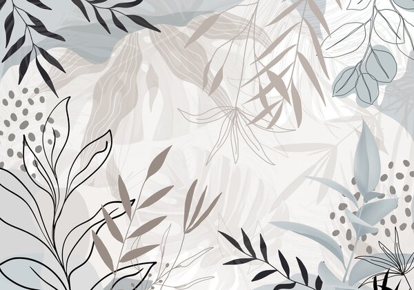 Carta da parati Design astratto floreale moderno con foglie beige pastello, grigie, blu e nere, line art, Carta da parati Moderno, w09105 : Uwalls.it