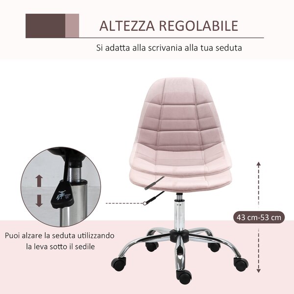 Vinsetto Sedia da Ufficio con Rotelle Girevole Ergonomica, Altezza Regolabile, Senza Braccioli, in Tessuto Effetto Velluto, Rosa | Aosom