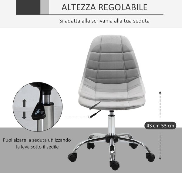 Vinsetto Sedia da Ufficio con Rotelle Girevole Ergonomica, Altezza Regolabile, Senza Braccioli, in Tessuto Effetto Velluto, Grigio | Aosom