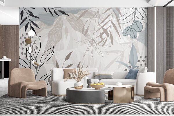 Carta da parati Design astratto floreale moderno con foglie beige pastello, grigie, blu e nere, line art, Carta da parati Moderno, w09105 : Uwalls.it