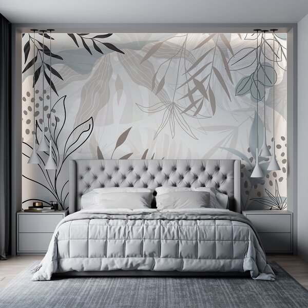 Carta da parati Design astratto floreale moderno con foglie beige pastello, grigie, blu e nere, line art, Carta da parati Moderno, w09105 : Uwalls.it