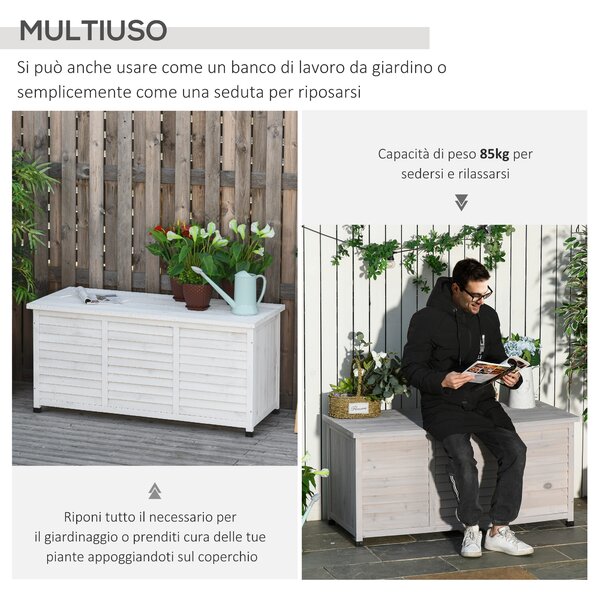 Outsunny Panca Contenitore in Legno di Abete, Cassapanca da Esterno con Piedini Antiscivolo 127x56x60cm Bianco|Aosom