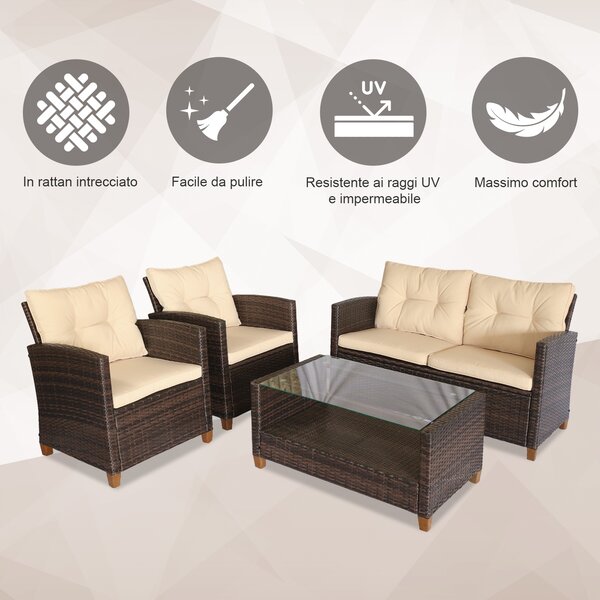 Outsunny Set Mobili da Giardino 4 Pezzi in Rattan PE con Tavolino, Divano e Poltrone Imbottiti, Marrone e Beige 124x68x76cm