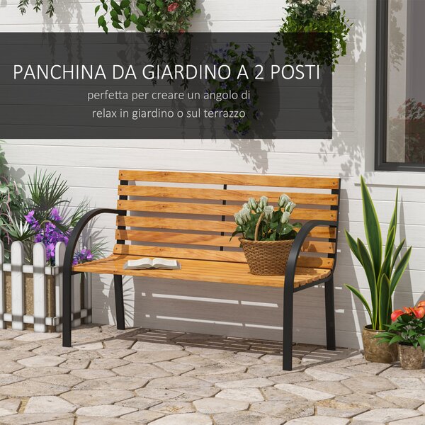 Outsunny Panca in Legno 2 Posti, Panchina da Esterno, Giardino, Balcone o Terrazzo 122x60x80cm, Nero e Color legno|Aosom