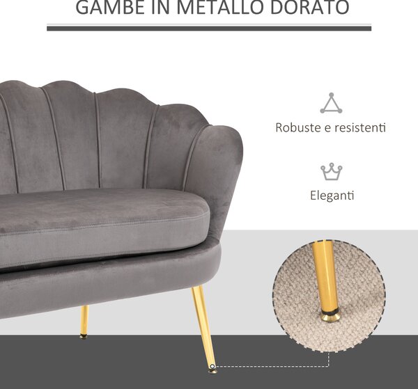 HOMCOM Divano Piccolo 2 Posti con Imbottitura Spessa, Gambe in Metallo e Piedini Antiscivolio, in Velluto, Grigio|Aosom