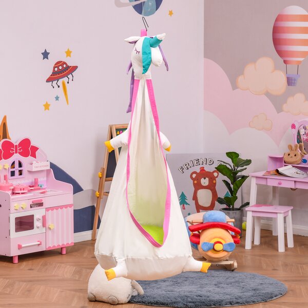 Outsunny Sedia Sospesa per bambini,Amaca per Bambini da giradino in Cotone  Bianco e Rosa Diametro 70x150cm Unicorno