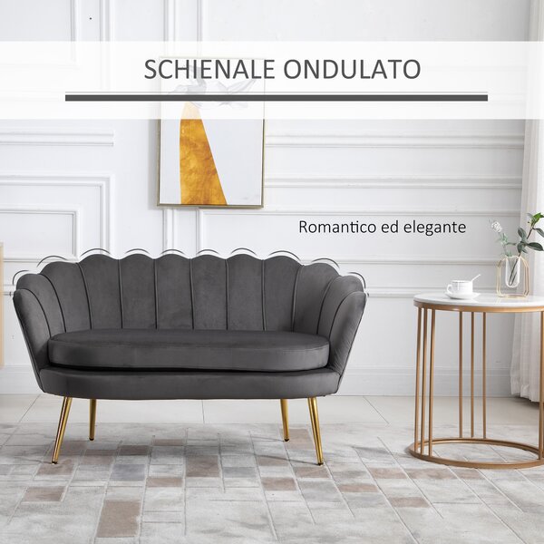 HOMCOM Divano Piccolo 2 Posti con Imbottitura Spessa, Gambe in Metallo e Piedini Antiscivolio, in Velluto, Grigio|Aosom