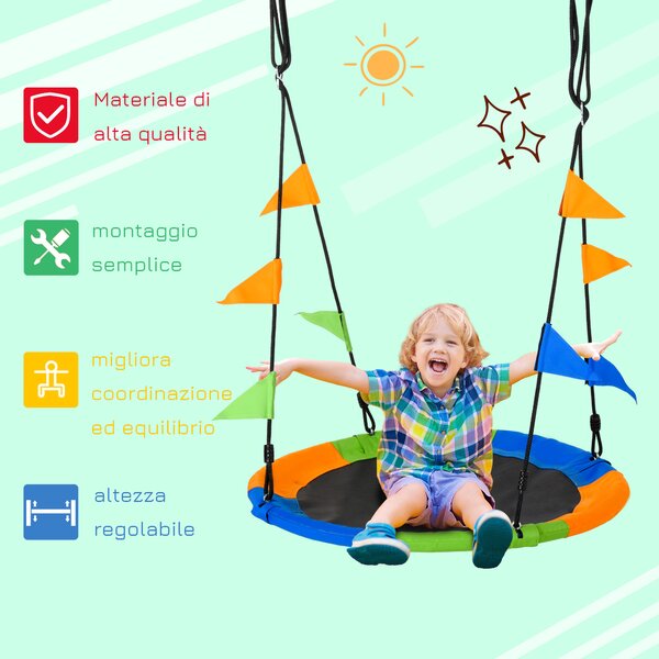 Outsunny Altalena Rotonda a Nido per Bambini di +3 Anni per Giardino, Esterni, Interni, Cameretta, Multicolor Φ100x120-180Acm|Aosom