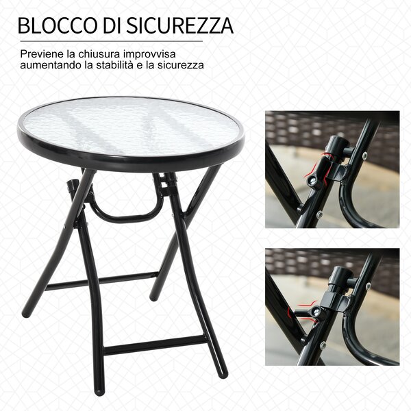 Outsunny Tavolo da Giardino Pieghevole Nero in Metallo con Ripiano in Vetro, Diametro 45x50cm, Blocco di Sicurezza|Aosom