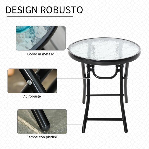 Outsunny Tavolo da Giardino Pieghevole Nero in Metallo con Ripiano in Vetro, Diametro 45x50cm, Blocco di Sicurezza|Aosom