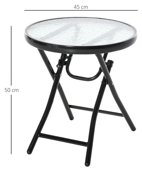 Outsunny Tavolo da Giardino Pieghevole Nero in Metallo con Ripiano in Vetro, Diametro 45x50cm, Blocco di Sicurezza|Aosom