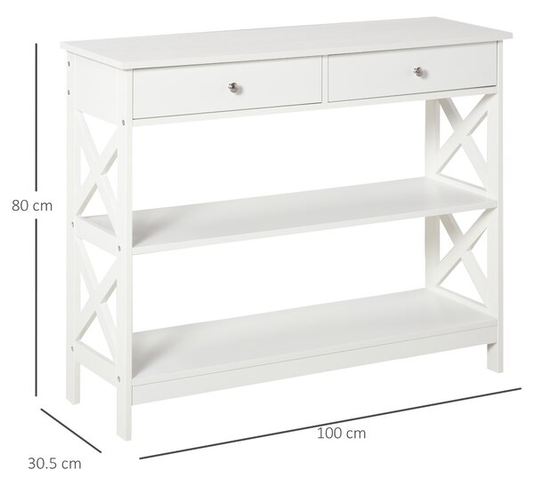 HOMCOM Tavolo Moderna Consolle da Ingresso con 2 Cassetti e 2 Mensole, Mobile da Soggiorno in MDF, 100x30.5x80cm, Bianco|Aosom Italy