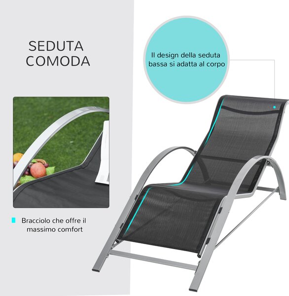 Outsunny Sdraio da Giardino Set 2 Lettino Prendisole con Tavolino con Vetro, Lettini Prendisole con Tessuto Traspirante 59x169x66cm, Nero|Aosom