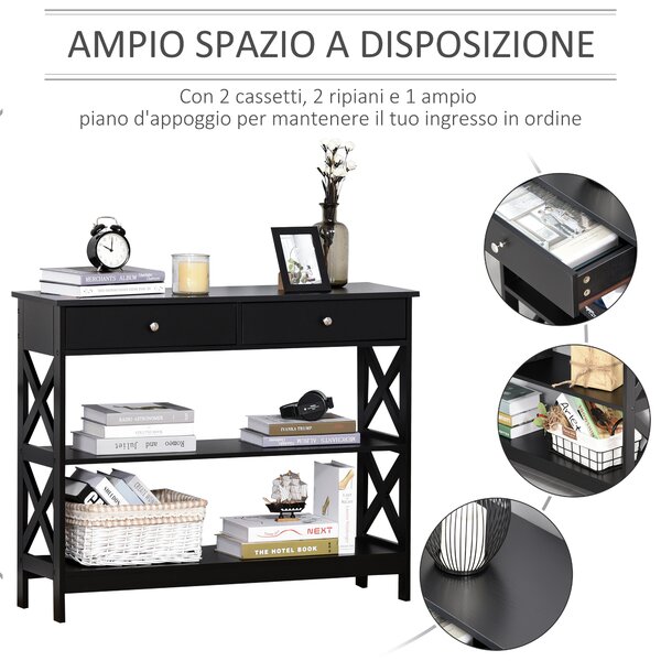 HOMCOM Tavolo Consolle con 2 Cassetti e 2 Mensole, Mobile da Ingresso e Soggiorno in MDF, 100x30.5x80cm, Nero