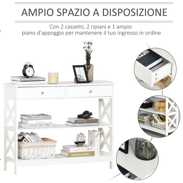 HOMCOM Tavolo Moderna Consolle da Ingresso con 2 Cassetti e 2 Mensole, Mobile da Soggiorno in MDF, 100x30.5x80cm, Bianco|Aosom Italy