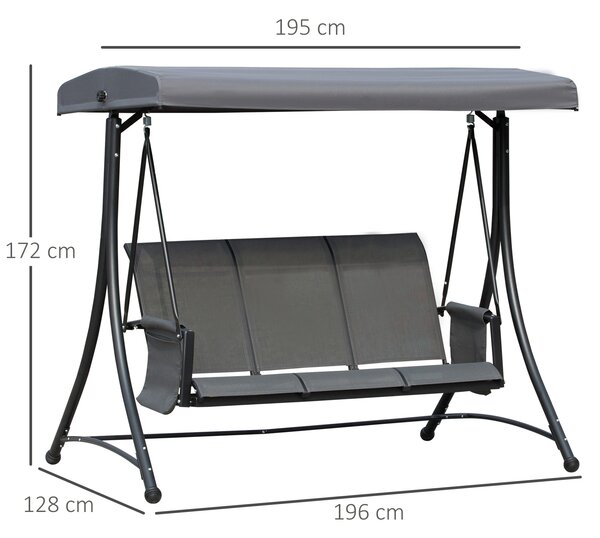 Outsunny Dondolo da Giardino Robusto 3 Posti con Tettuccio Regolabile e Tasche, Dondolo da Esterno in Texteline e Metallo, Grigio Scuro | Aosom Italy