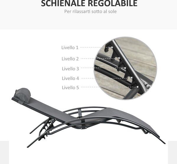 Outsunny Sedia Sdraio da Giardino Reclinabile su 5 Livelli con Cuscino Rimovibile, Lettino Prendisole in Alluminio e Texteline, Grigio | Aosom