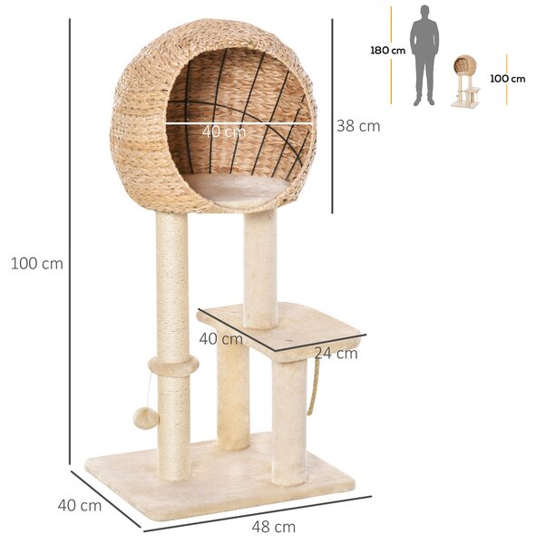 PawHut Albero Tiragraffi per Gatti fino a 5kg con Cuccia e Rivestimento in Peluche 48x40x100cm Beige