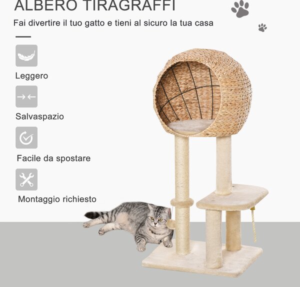 PawHut Albero Tiragraffi per Gatti fino a 5kg con Cuccia e Rivestimento in Peluche 48x40x100cm Beige