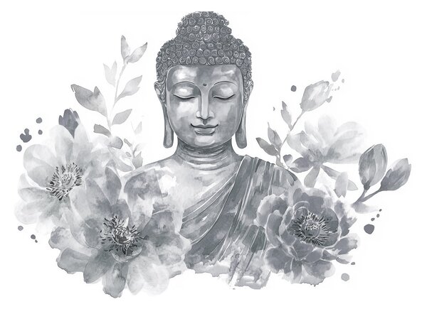 Carta da parati Buddha acquerellato con fiori, spirituale, tavolozza di colori grigi , Carta da parati Floreale, w04005v1 : Uwalls.it