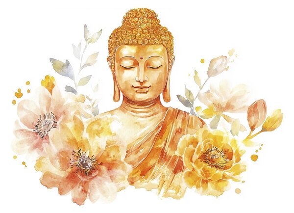 Carta da parati Buddha acquerellato con fiori, spirituale, tavolozza di colori arancioni , Carta da parati Acquerello, w04005 : Uwalls.it