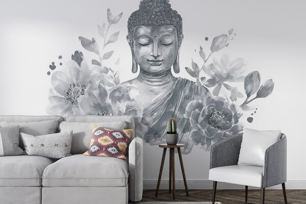 Carta da parati Buddha acquerellato con fiori, spirituale, tavolozza di colori grigi , Carta da parati Floreale, w04005v1 : Uwalls.it