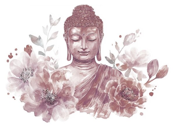 Carta da parati Buddha acquerellato con fiori, spirituale, tavolozza di colori bordeaux , Carta da parati Floreale, w04005v2 : Uwalls.it