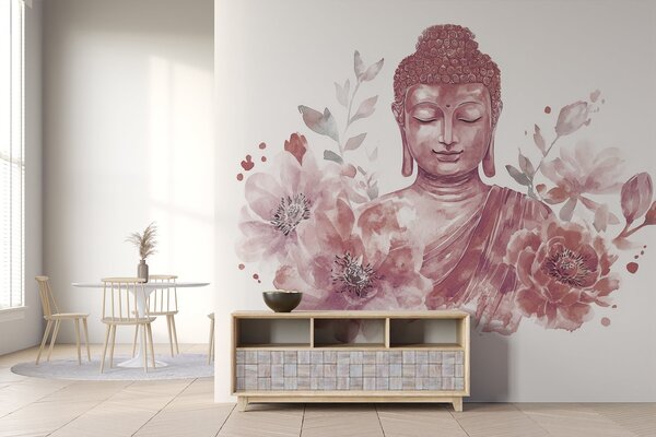 Carta da parati Buddha acquerellato con fiori, spirituale, tavolozza di colori bordeaux , Carta da parati Floreale, w04005v2 : Uwalls.it