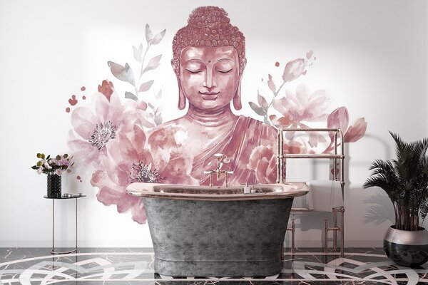 Carta da parati Buddha acquerellato con fiori, spirituale, tavolozza di colori bordeaux , Carta da parati Floreale, w04005v2 : Uwalls.it