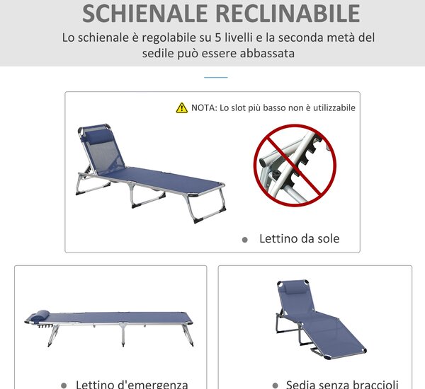 Outsunny Sdraio da Giardino Pieghevole con Poggiatesta Lettino Prendisole con Schienale Regolabile 60x170x76cm Blu Scuro|Aosom