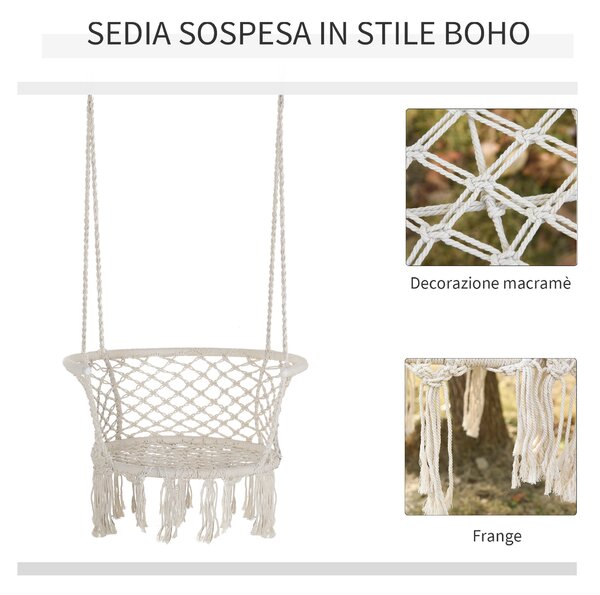 Outsunny Amaca Stile Boho Chic Sedia Sospesa Poliestere e Macramè, per Relax, 80x60x36cm - Crema|Aosom